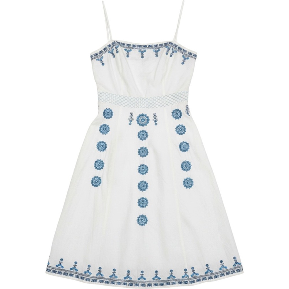 White Blue Floral Embroidered Cotton Midi Sundress Spaghetti Strap Boho